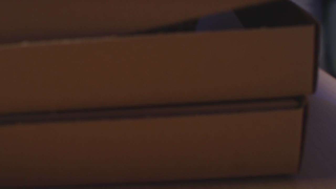 소파에 앉아있는 젊은 gen z 친구들의 스튜디오 은 집으로 배달 된 테이크아웨이 피자 2입니다.