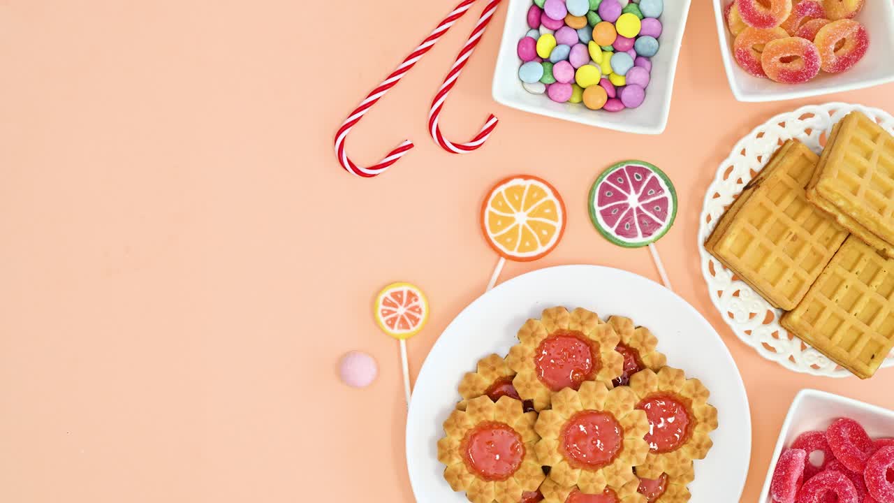 el fondo naranja brillante pastel con galletas dulces, caramelos y piruletas aparecen. dejar de moverse plana