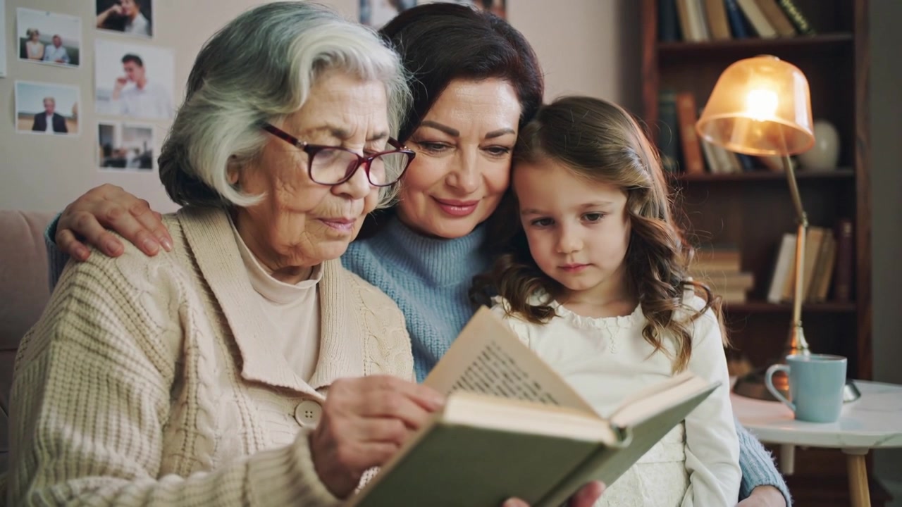 Anziana donna con maglione beige e occhiali che legge, aprendo un libro sul divano di casa, mentre condivide una storia