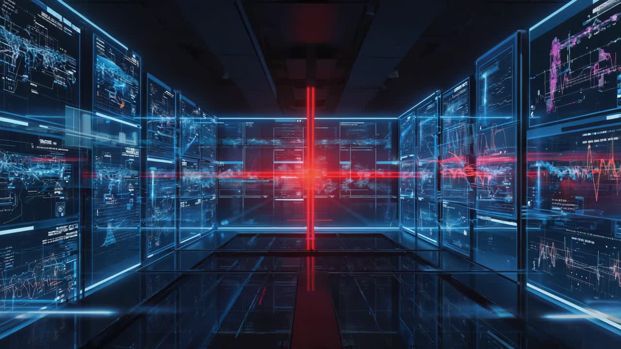 Futuristic Data Center with Holographic Displays and Red Laser Grid