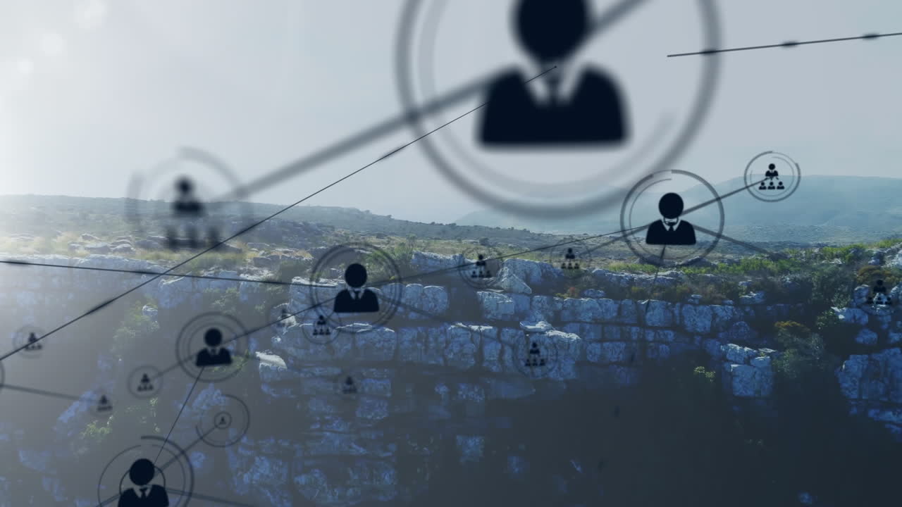 바위 풍경 위의 연결 네트워크 및 데이터 처리 애니메이션