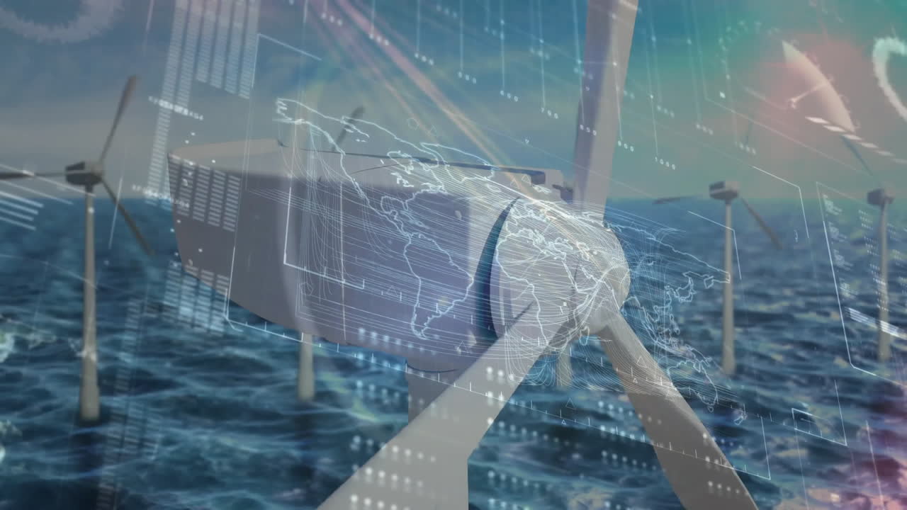 Offshore wind turbine nacelle and blade spinning amid digital data overlays showing world map