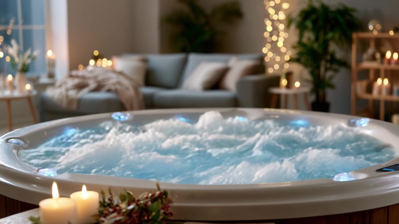 Oasi di relax: Una rilassante vasca idromassaggio circondata da candele e un'atmosfera calda in un accogliente soggiorno per concedersi comfort e serenità.