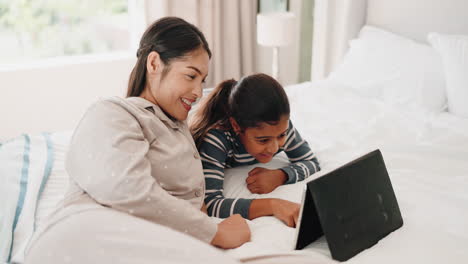 Relax,-tablet-and-mother-with-daughter-in-bedroom