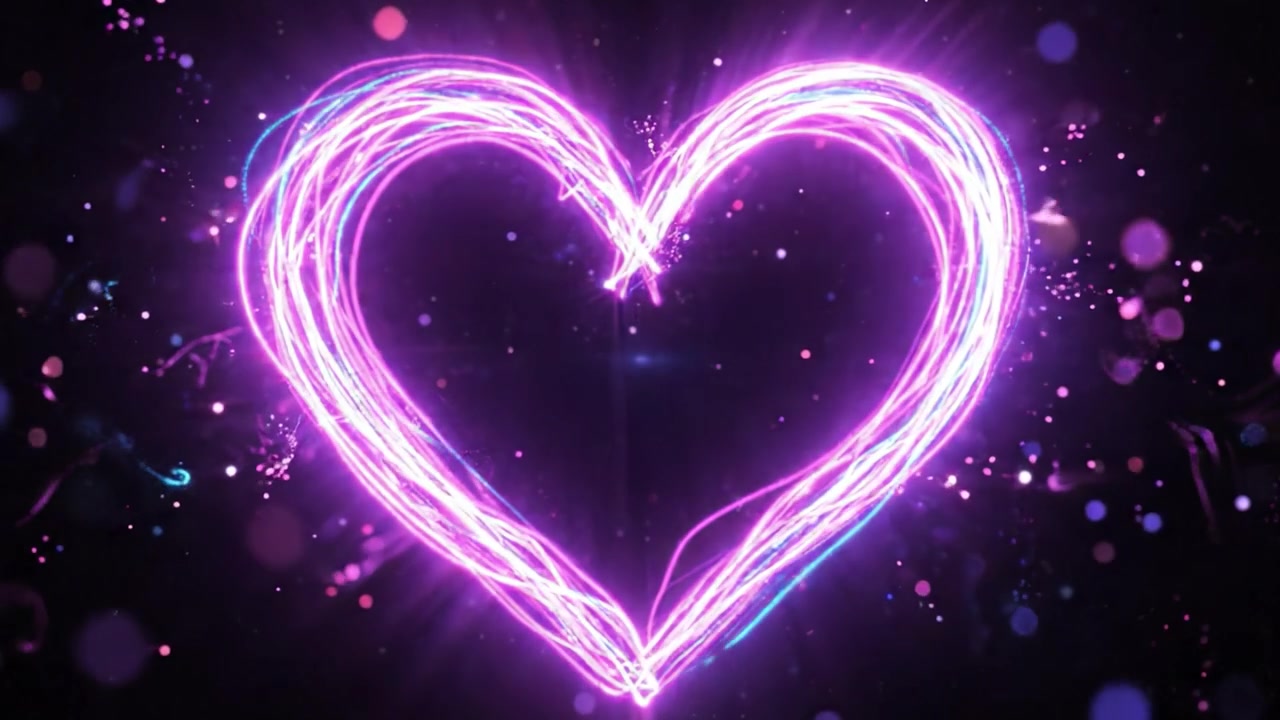 Design vibrante di un cuore animato che evolve da intricati motivi di luce: uno splendido spettacolo visivo di colori e forme in movimento.