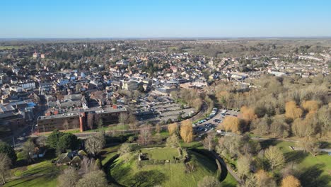 bishop stortford castle and park town in background aerial reveal