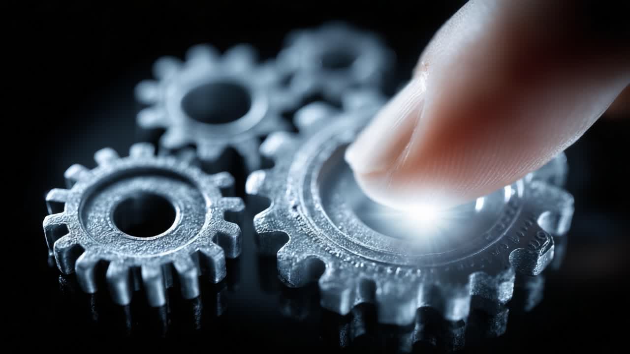 Close-Up of a Finger Engaging with Metallic Gears, Showcasing the Intricate Mechanism of Engineering and the Beauty of Precision Machinery in Motion