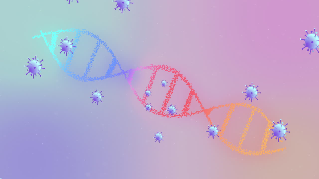 animación de células de covid 19 que se mueven sobre la hilera de adn girando