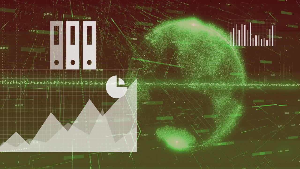 Data analytics and global network animation over green digital globe