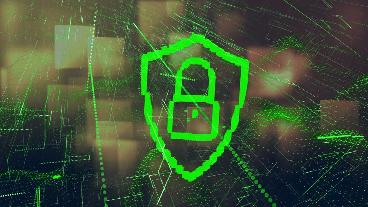 animación del candado en el escudo y líneas con patrón de onda dinámico sobre cuadrados en el fondo