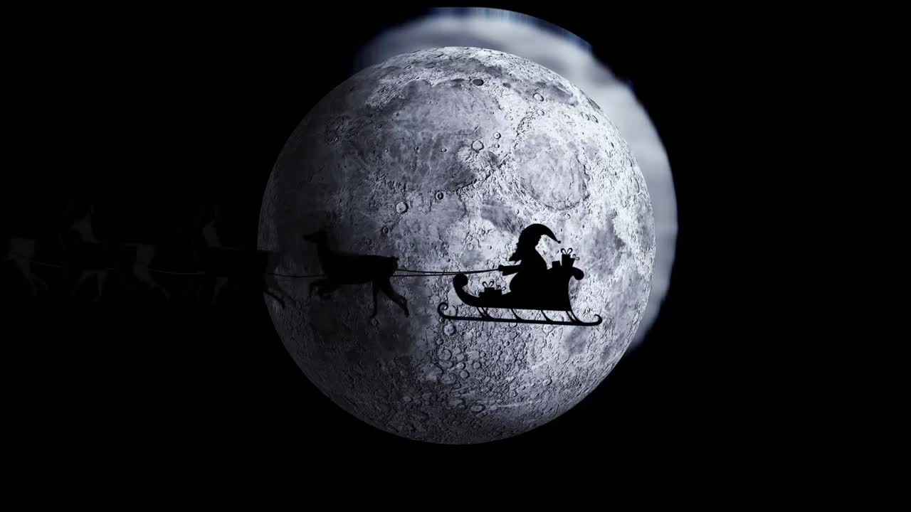 Animation of santa claus in sleigh with reindeer passing over moon and stars
