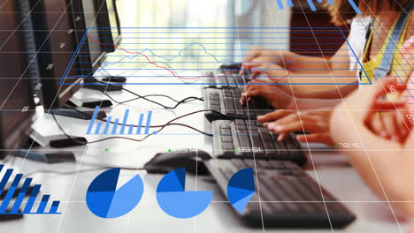 animation of financial data processing over caucasian schoolchildren using computers