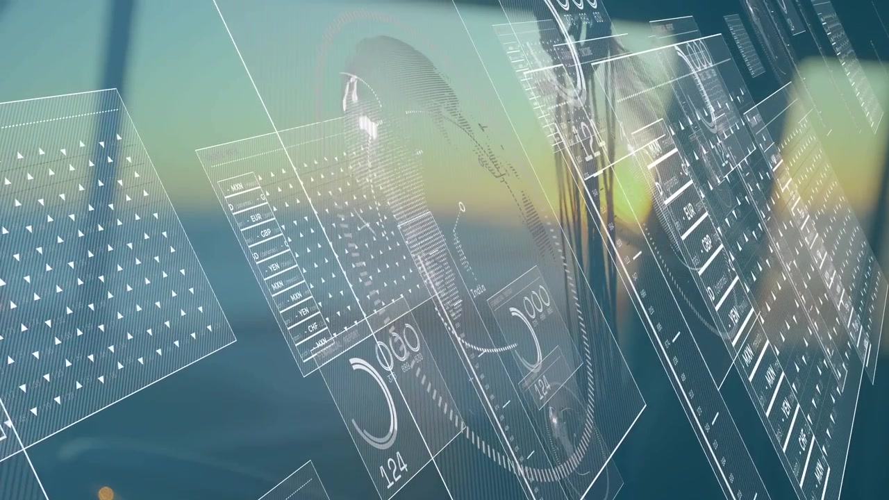 Digital Financial Data Overlay on Sunset Beach View