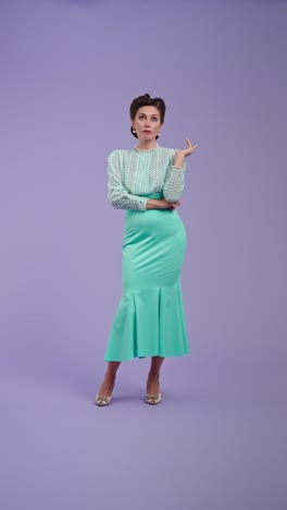 elegant woman in vintage attire on purple background
