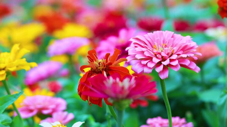 Fiori di zinnia colorati in un giardino lussureggiante