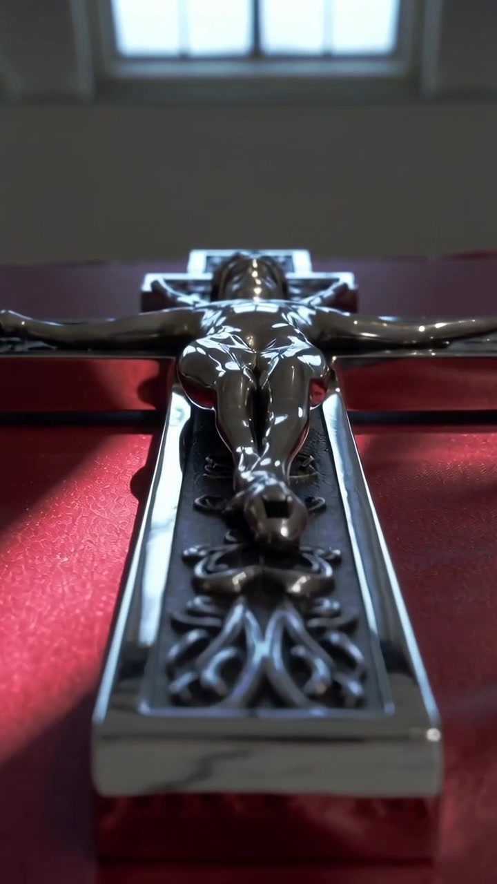 Verticale video: Laag zwevende camera die een kruisbeeld op rood doek op een altaar onthult om metalen details te tonen