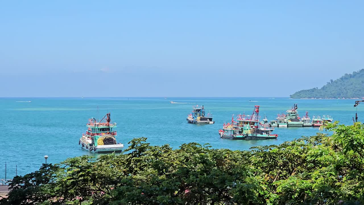 Colorful Fishing Boats On Harbor Of Kota Kinabalu In Sabah, Malaysia. static shot