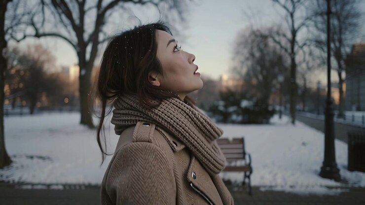 Notando il primo fiocco di neve, donna con cappotto beige e sciarpa di lana alza la testa, osservando i fiocchi nel parco