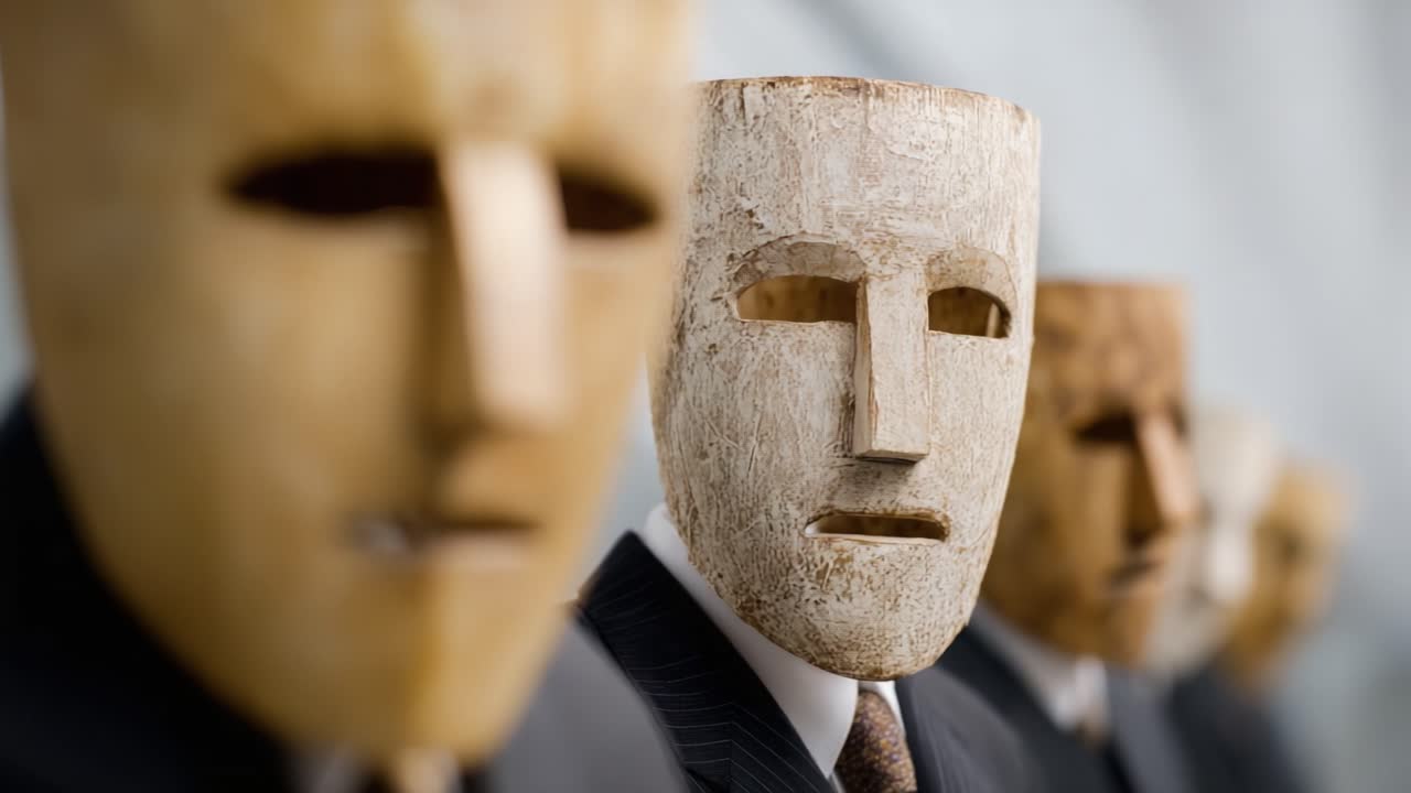Mysteriöse Holzmasken zeigen emotionslose menschliche Figuren in Anzügen, die in einer Reihe stehen und Themen wie Identität und Ausdruck aufgreifen