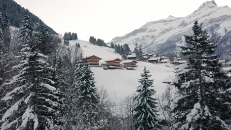 Drone-flying-between-trees-towards-distant-cabins-in-rural-landscape-with-mountains-in-the-background