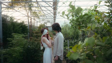 cinematic dolly-in footage of young couple blindfolded who are going to kiss in greenhouse of plants