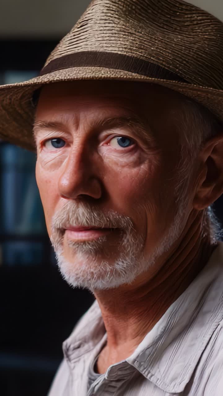 Un primer plano contemplativo de un hombre con llamativos ojos azules y un sombrero de paja, que captura la esencia de la sabiduría y la experiencia a través de una expresión facial detallada