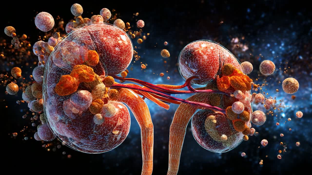 Detailed 3D Visualization of Human Kidneys Showcasing Complex Structures and Interconnected Vascular Systems Representing Vital Functions and Cellular Activity Within the Organ