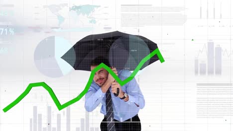 procesamiento de datos financieros contra el hombre de negocios con un paraguas