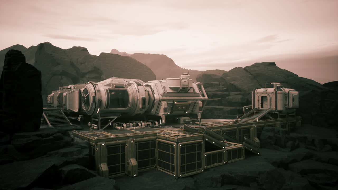 Base de colonos en un planeta distante con terreno accidentado bajo un cielo brumoso.