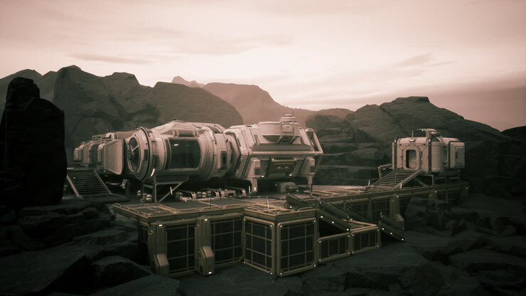 Colonist base on a distant planet with rugged terrain under a hazy sky