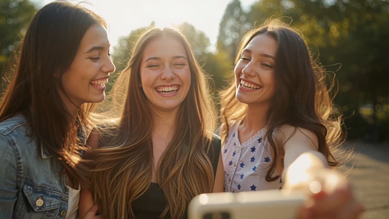 Extendiendo el brazo derecho, tres amigos inclinándose para hacerse una selfi bajo el sol en el parque, con un smartphone y chaqueta vaquera.