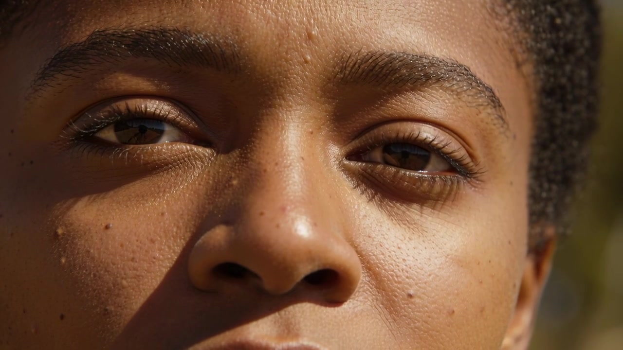 Camera filming African-American teen female shifting gaze down right center outside with sun