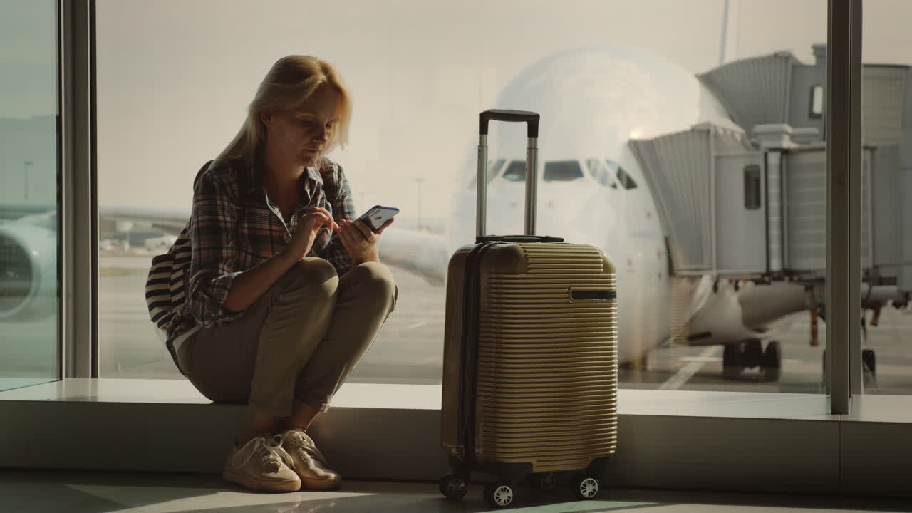un joven turista con una maleta sobre ruedas esperando para abordar el avión usando un teléfono inteligente