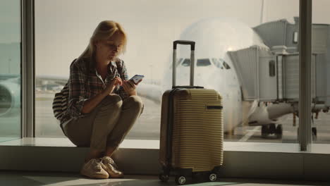 a young tourist with a suitcase on wheels waiting to board the plane using a smartphone