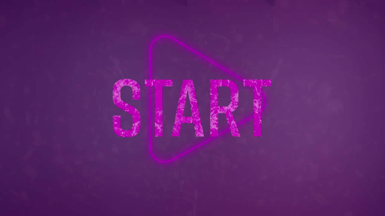 Animation of start text banner over neon play icon against purple background