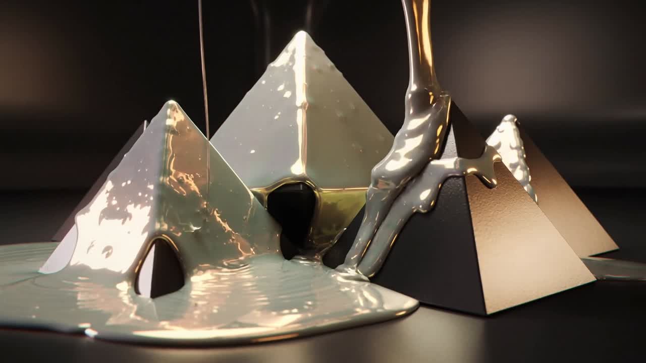 Hælder tyktflydende væske ovenfra, som dækker pyramider på en bordplade i et studie og skaber et blankt lag.