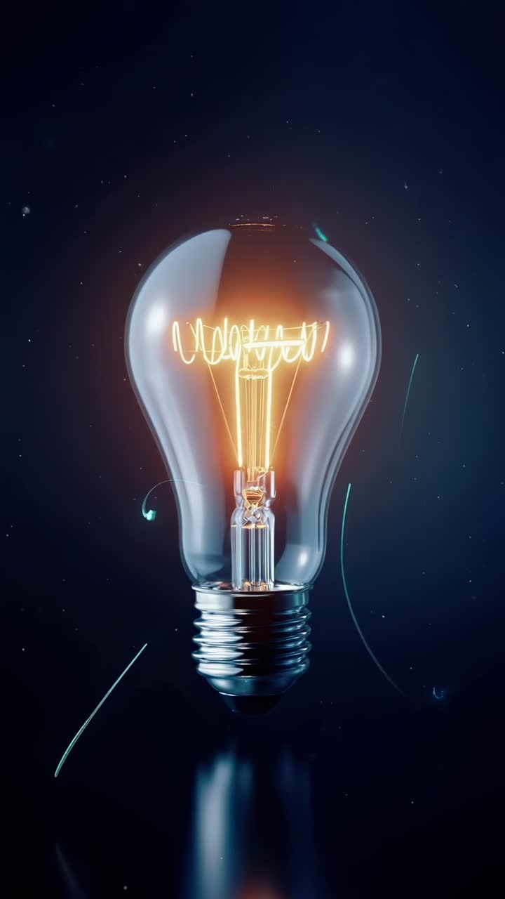 Video ravvicinato di una lampadina incandescente, ripreso da un'angolazione bassa, con uno stile scuro e futuristico.