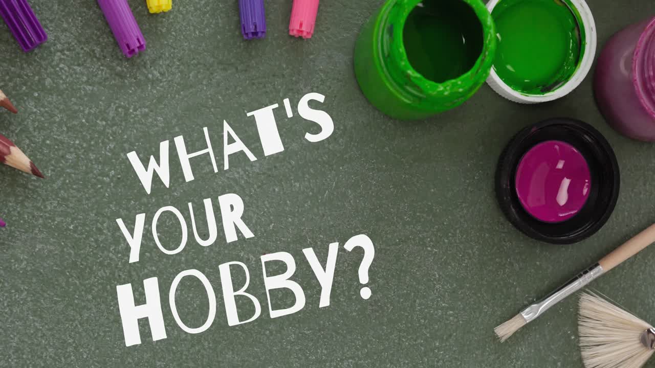 Animation of what's your hobby text in white, over watercolour paints and paintbrushes on table top