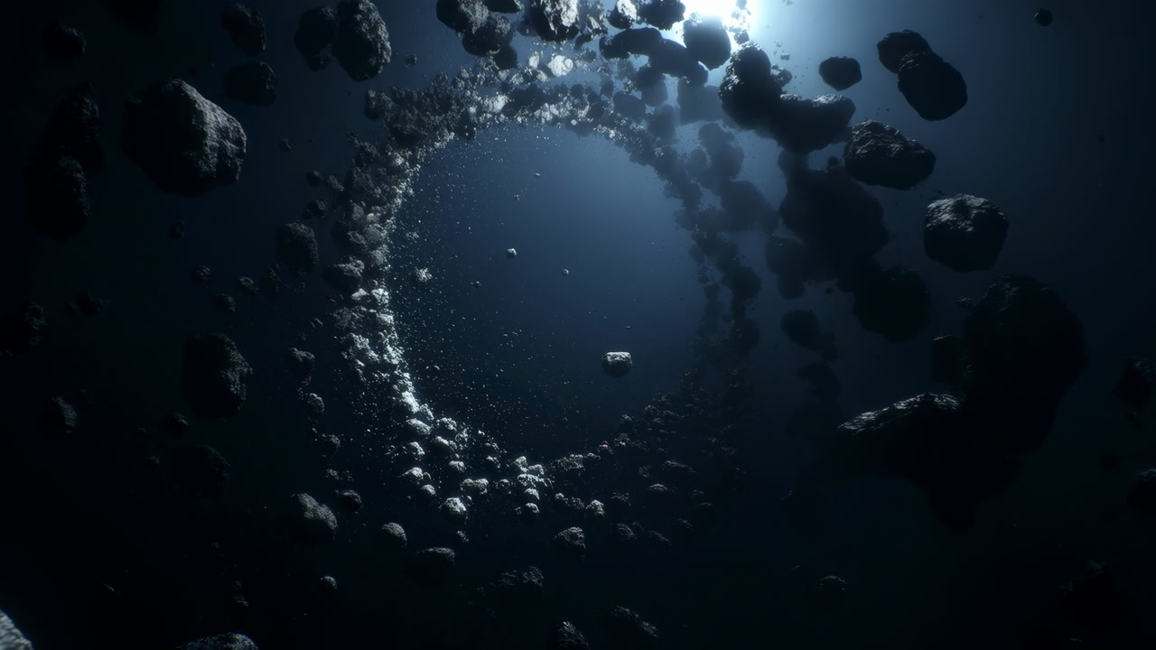 Dark Asteroid Ring Framing Starfield, Cinematic Depth And Slow Drifting Debris, Blue Rim Lighting, Ambient