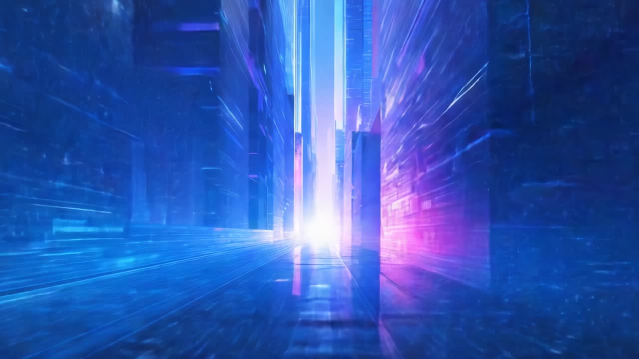 A Stunning Journey Through a Futuristic Digital Landscape, Showcasing Brilliant Neon Lights and Dynamic Energy Flowing Through the Metropolis of Innovation and Technology