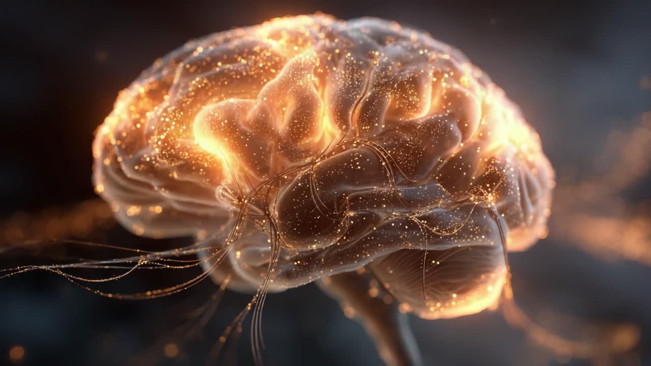 Una straordinaria visualizzazione di un cervello umano che si connette con percorsi neurali luminosi e scintille energetiche, mostrando la complessità del pensiero e dell'intelligenza.