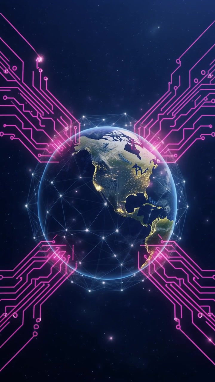 Digital Network Connecting Earth with Glowing Circuitry Lines