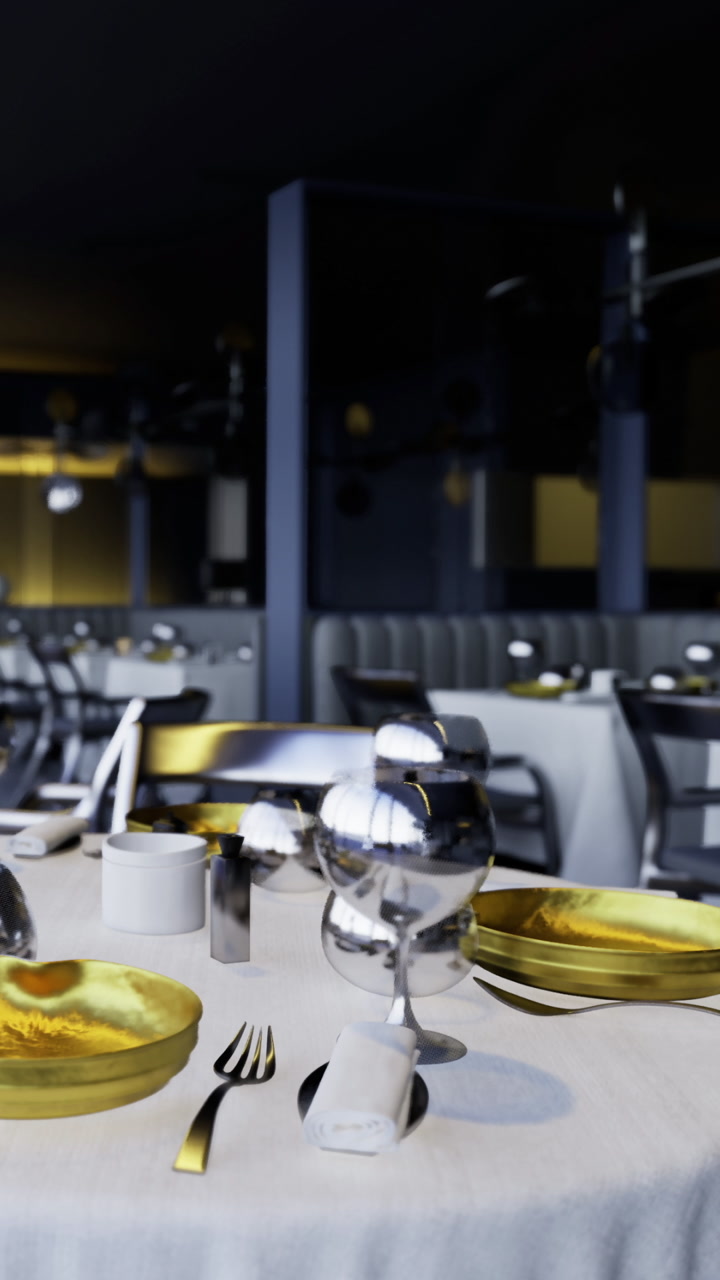 Elegant dining setup in modern restaurant with shiny silver and gold details