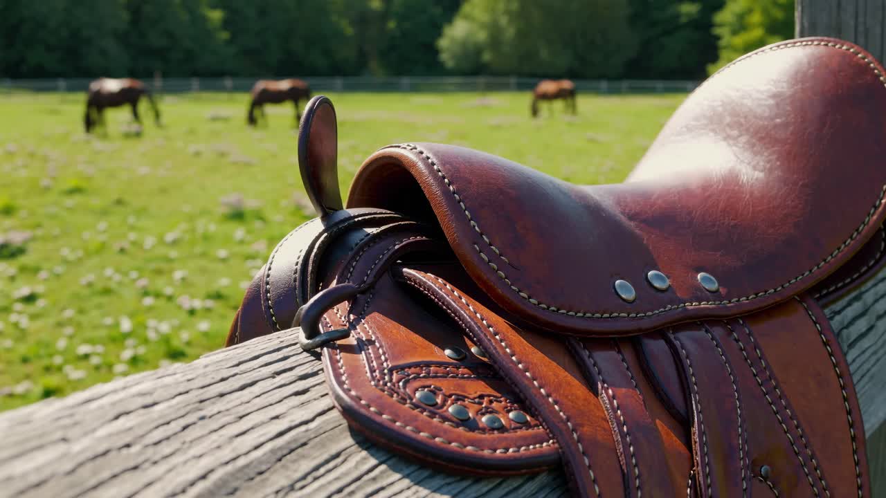 Close-up of a leather saddle on a wooden fence, with horses grazing in the background