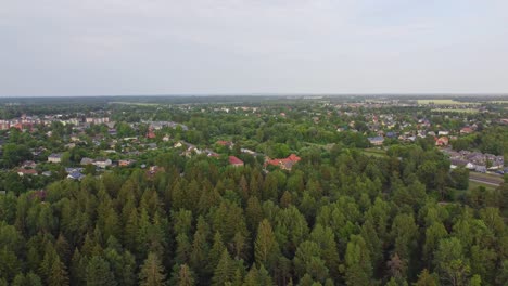 view at small hidden town in vivid coniferous forest, latvia, dolly back