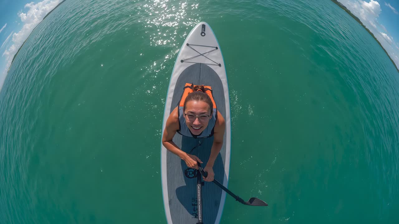 Donna sorridente con gilet arancione che rema su una tavola SUP nella baia, riprendendo con un'asta per fotocamera mentre tiene la pagaia e l'asta