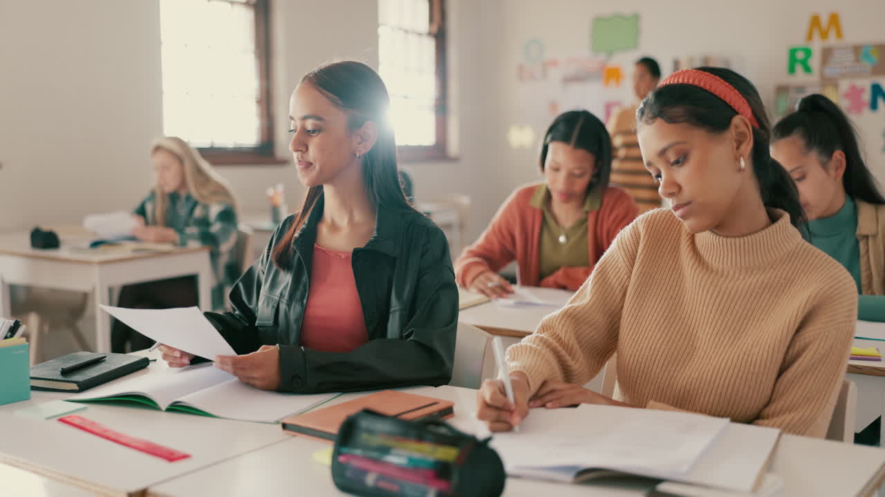 escuela secundaria, niña y levantó la mano para el maestro