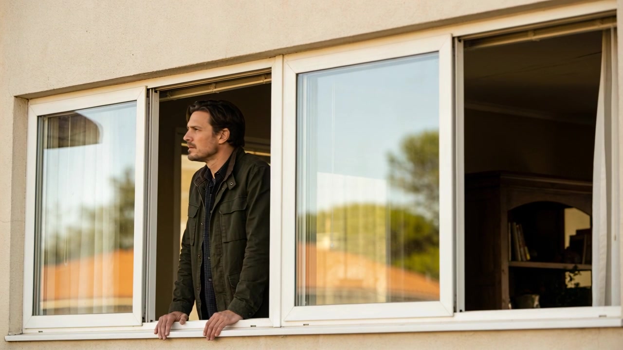 Leaning man wearing olive jacket scanning right at sliding window at home, bookshelf, copy space