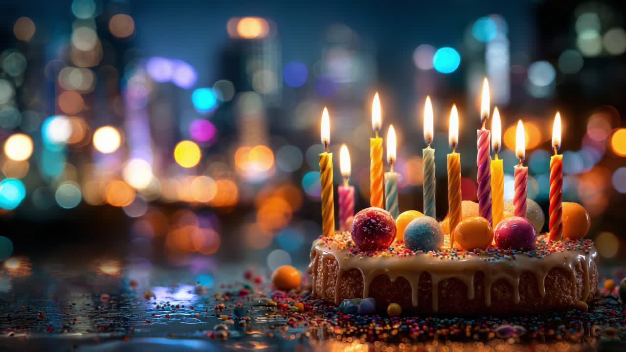 A vibrant birthday cake adorned with colorful candles and festive decorations shines brightly against a blurred city skyline, capturing the joy and celebration of a special occasion