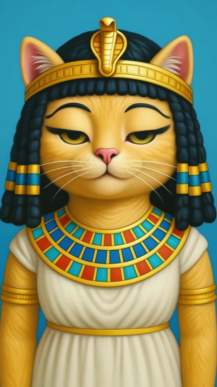 A regal cat dressed as an Egyptian queen, eyes closed, captured from a front angle
